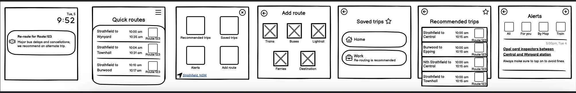 Low-fidelity wireframes: re-route alert, quick routes, add route, saved trips, recommended trips and alerts